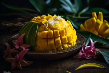 Mango Sticky Rice Is a popular Thai dessert And will be especially popular in the summer Made from sticky rice, coconut milk, salt and granulated sugar