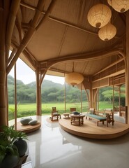 Obraz na płótnie Canvas Innovative Transformations: Long Bamboo Seats Display