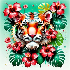  cute tiger head with imaginary flowers and monstera leaves  hibiscus flowers in shades of red and green  and a cute and strange imaginary art style with 3D vector art. 