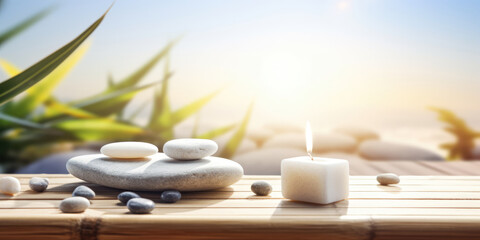 Beautiful Spa treatment Composition. Pebble Stones, Fresh Bamboo Leaves and branches, Candle light on a bamboo table outdoor, copy space. Beauty, Spa, Wellness, Relax, Balance and Zen Concept