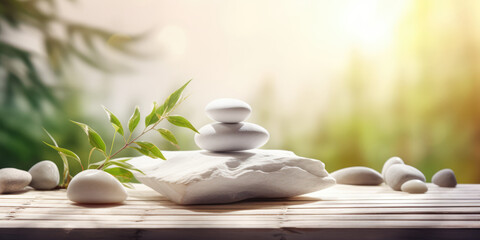 Beautiful Spa treatment Composition.  Pyramid of White Pebble Stones, Fresh Bamboo Leaves and...