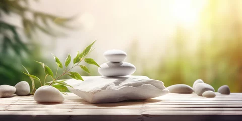 Stickers fenêtre Spa Beautiful Spa treatment Composition.  Pyramid of White Pebble Stones, Fresh Bamboo Leaves and branches on a bamboo tabletop outdoor, copy space. Beauty, Spa, Wellness, Relax, Balance and Zen Concept