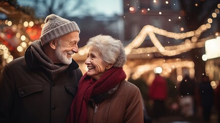 Join this heartwarming senior couple as they stand together at the Christmas market. Experience the magic in photo-realistic landscapes, with soft and romantic scenes that capture the holiday spirit.