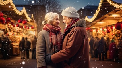 Fototapeta premium Join this heartwarming senior couple as they stand together at the Christmas market. Experience the magic in photo-realistic landscapes, with soft and romantic scenes that capture the holiday spirit.
