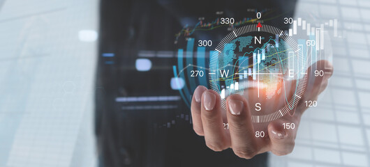 Business growth, purpose and direction for business development. Businessman with compass navigator...