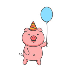 Cute cartoon pig with party hat and balloon. Vector illustration.