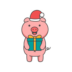 Pig in Santa hat holding gift box. Cute cartoon character. Vector illustration.
