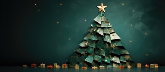 Gift wrappers used to create a horizontal Christmas tree outline