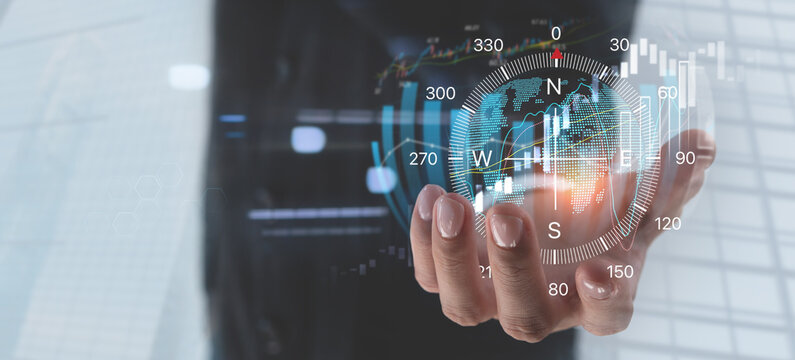 Business growth, purpose and direction for business development. Businessman with compass navigator and market research, strategy and planning for business solution, finance and investment background