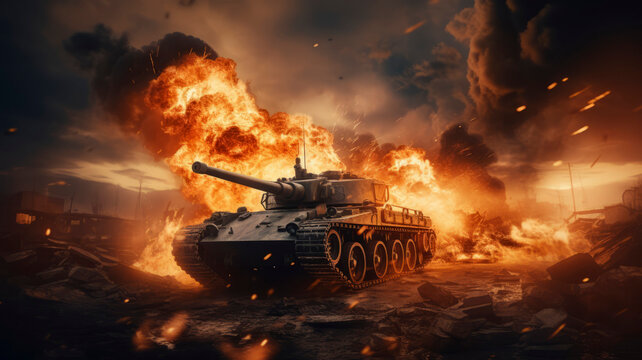 a tank shot, a battle, clouds of smoke and fire, an epic moment