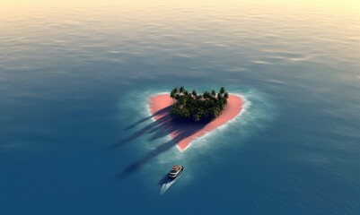 A boat heading to heart shaped island in the sea. Top down view
