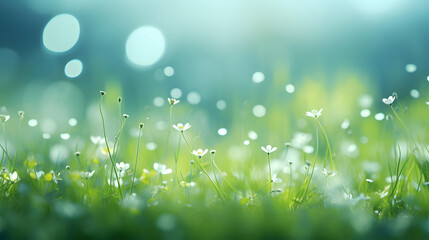 Fototapeta na wymiar spring background with grass and flowers on blur background