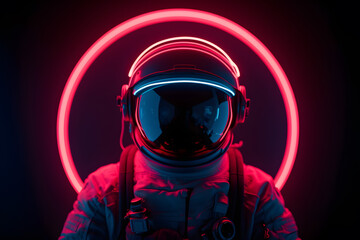 Spaceman or astronaut with circular ring shaped neon light. AI generative