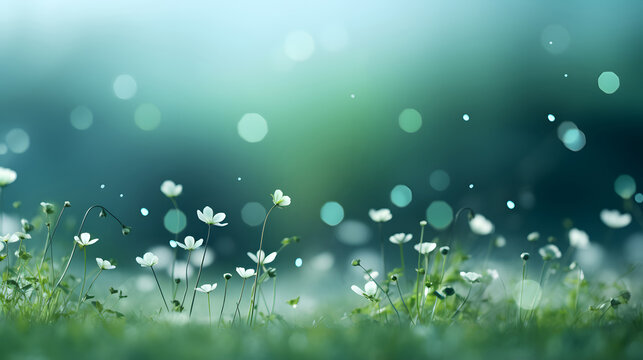 spring background with grass and flowers on blur background