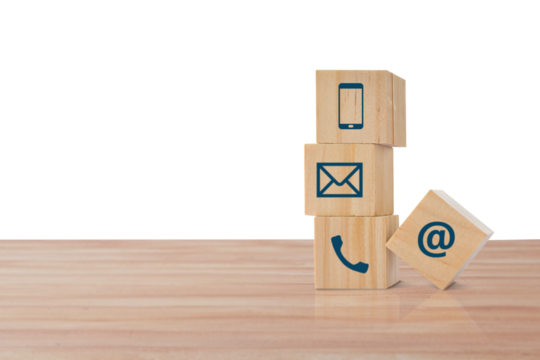 wooden block cube with (telephone, email, address) icon isolated on transparent background. Concept of contact us or customer support theme