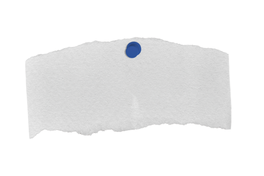 White ripped paper torn with push pin isolated on transparent background. PNG file