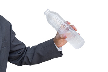 Businessman hand holding water bottle isolated on transparent background - PNG format