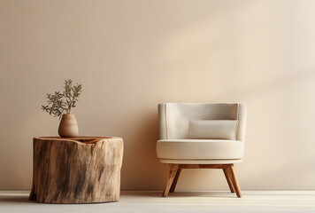 Lounge chairs and wooden stump side table with copy space