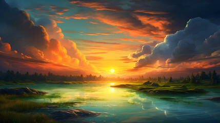 sunset over the lake, Beautiful sunset or sunrise with golden sky