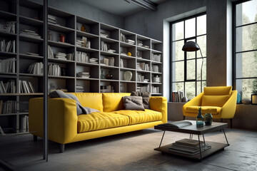 Stylish living room interior with comfortable yellow sofa