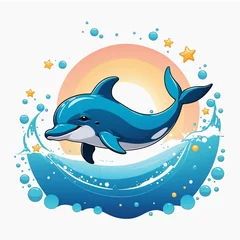 Foto op Canvas cute kawai Dolphin happy animals white background. © emad