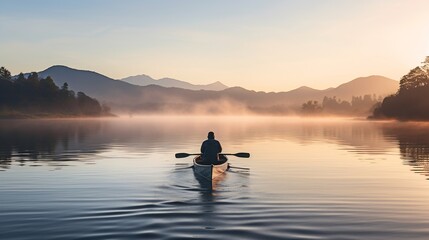 Rear view of man rowing on a calm and misty lake at sunrise