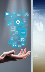 hand holding tablet pc with social network icon