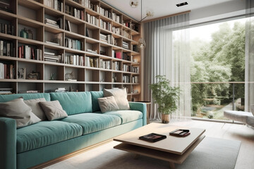 Stylish living room interior with comfortable green sofa