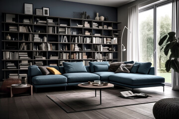 Stylish living room interior with comfortable green sofa