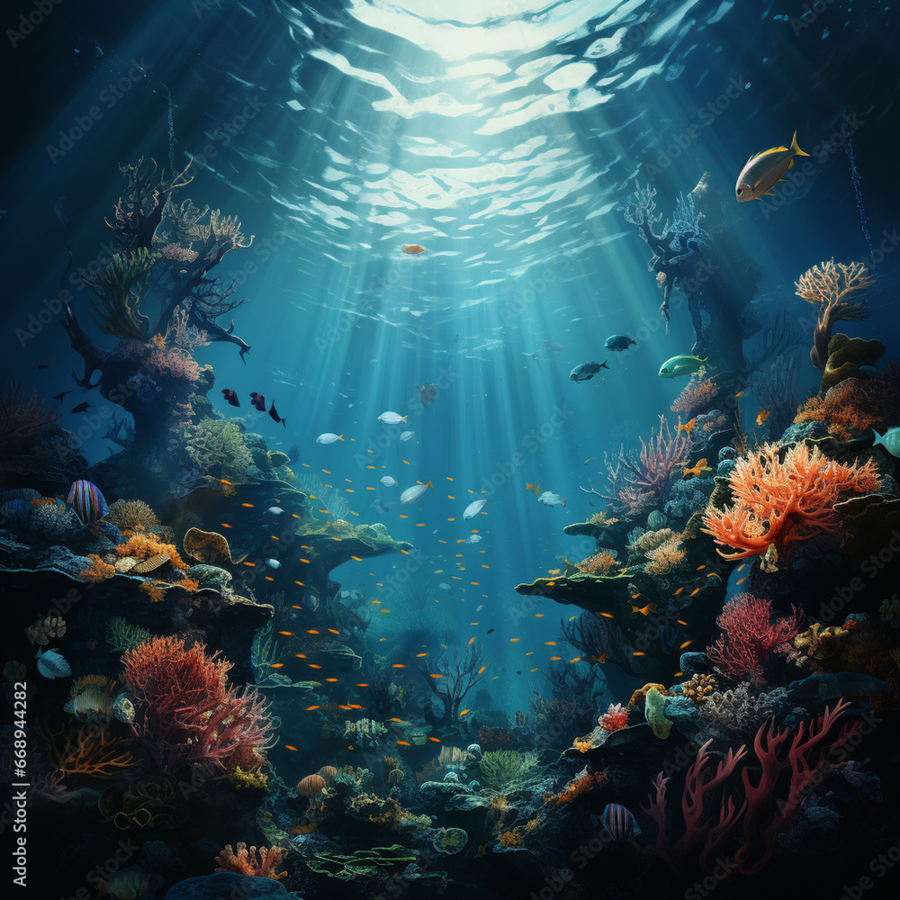 Wall mural Marine background. Underwater Sea Deep Abyss With Blue Sun light. generative ai