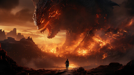 Man standing in front of a fire dragon. Fantasy scene. Wizard and huge dragon Battle. generative ai - obrazy, fototapety, plakaty