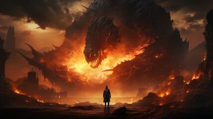 Man standing in front of a fire dragon. Fantasy scene. Wizard and huge dragon Battle. generative ai