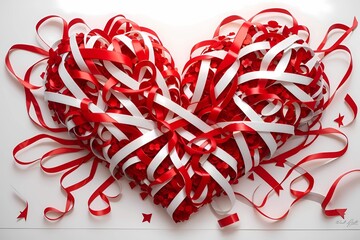 heart made of red ribbons and white ribbons