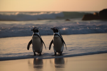 Pair of Gentoo penguins walking on beach