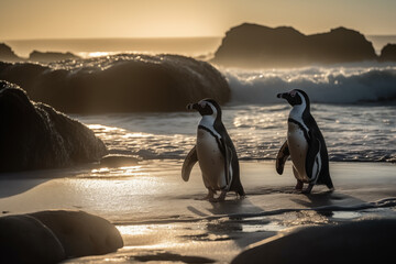 Pair of Gentoo penguins walking on beach