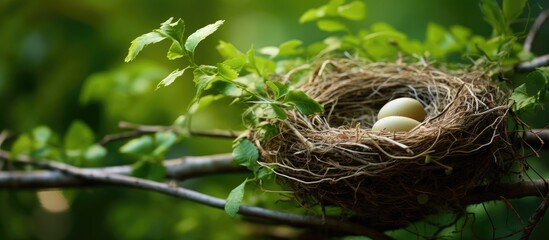 Bird nests old and new covered by green leaves on one branch