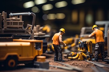 Fototapeta premium Explore a hyperreal world as toy workers craft in a matte background. Dark yellow and light brown hues create a landscape-focused scene with a touch of whimsy. A perfect commission for collectors.