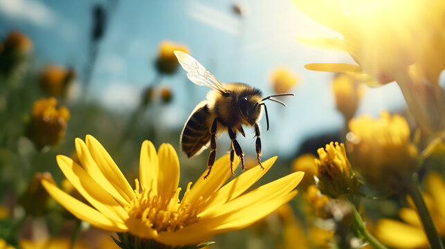 Flying Bumblebee landing to yellow flower