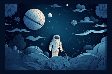 papercut style of astronaut flying in the universe