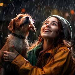 Bajo un clima lluvioso, un perro y su dueño abrazan el momento, mirando al cielo con una sonrisa. Un vínculo reconfortante entre humanos y mascotas, apreciando la belleza del toque de la naturaleza - obrazy, fototapety, plakaty