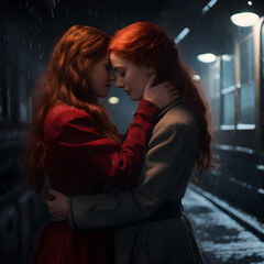 Dos amigas abrazándose fuertemente en un adiós sincero, una escena conmovedora ambientada en un contexto de invierno - obrazy, fototapety, plakaty