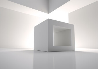 a massive white square sculptural installation within a symmetrical right-angled room; backlit behind structure