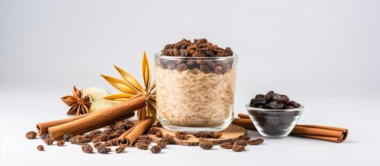 Superfood paleo concept with oats flaxseeds raisins cinnamon anise and chia seeds - obrazy, fototapety, plakaty