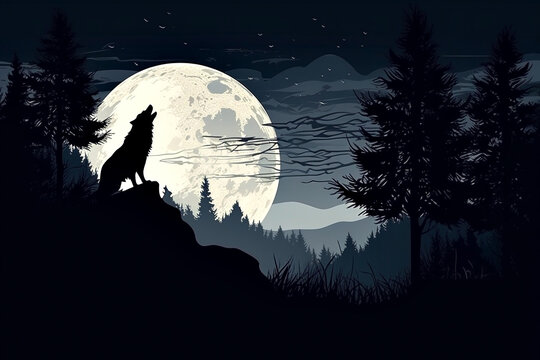 silhouette of howling wolf against dark toned foggy background and full moon or wolf in silhouette howling to the full moon. halloween horror concept