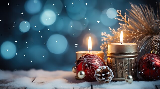 Christmas background decoration design with lanterns or candles illuminated on snow with beautiful bokeh backdrop at night.