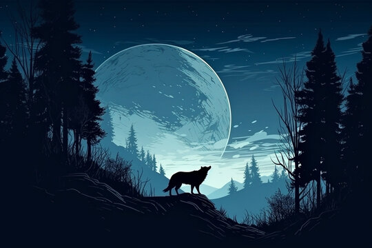 Silhouette of howling wolf against dark toned foggy background and full moon or Wolf in silhouette howling to the full moon. Halloween horror concept. 