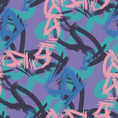 vector rough freeform geometric lines brush stroke overlapped seamless pattern on purple.