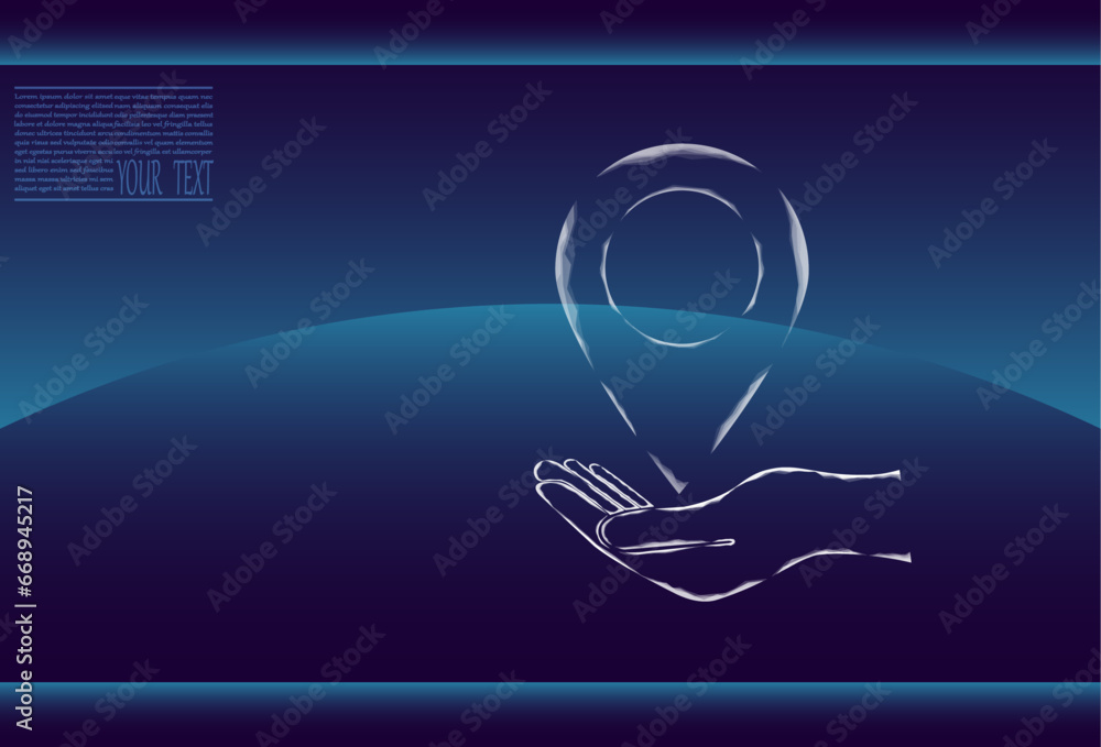 Poster vector illustration of a label for a card on an outstretched hand. the navigator checks the map. map