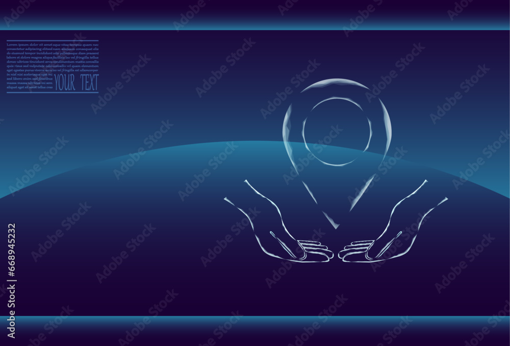 Poster vector illustration of a label for a card on an outstretched hand. the navigator checks the map. map