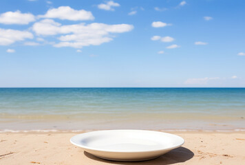 Fototapeta na wymiar Empty white plate on sea background beach. AI generated Images